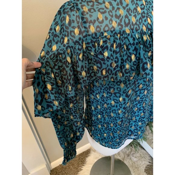 Cheetah Blouse Ruffle High Neck Turquoise Gold S NWT long sleeve animal Print - Picture 7 of 11